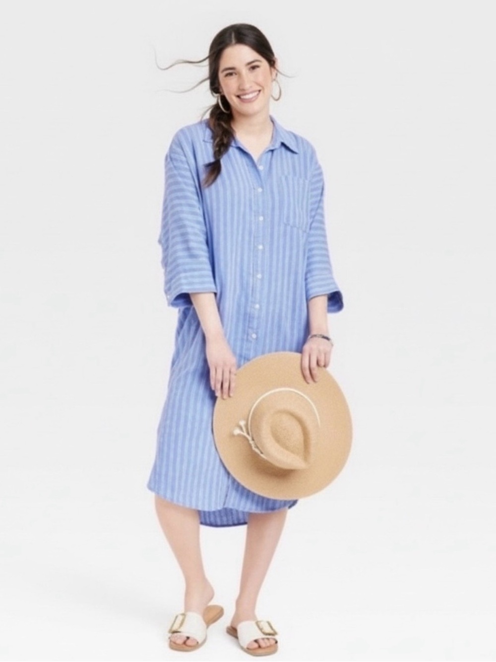 UNIVERSAL THREAD Linen Midi Striped Shirt Dress XL Coastal Casual